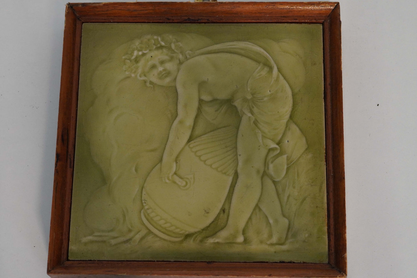 Enamelled Relief Tiles in Wooden Frames - Set of 2 Cherub Scenes