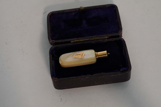 Victorian Mother of Pearl and Gold-Tone Perfume Vial with Monogrammed Shield in Original Velvet-Lined Case