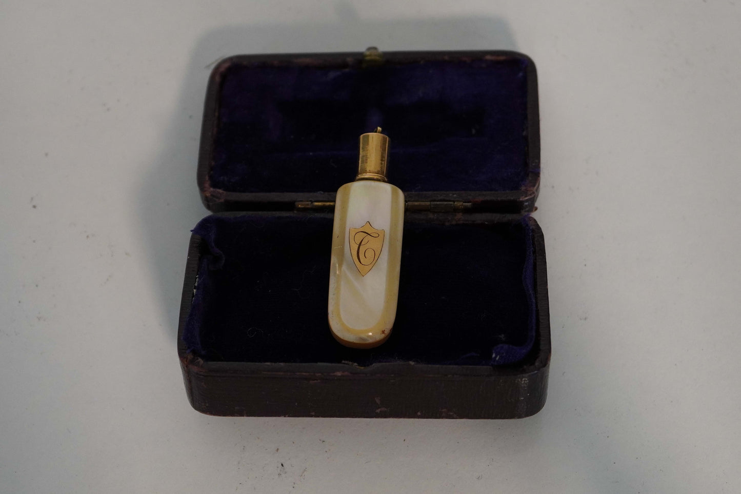 Victorian Mother of Pearl and Gold-Tone Perfume Vial with Monogrammed Shield in Original Velvet-Lined Case