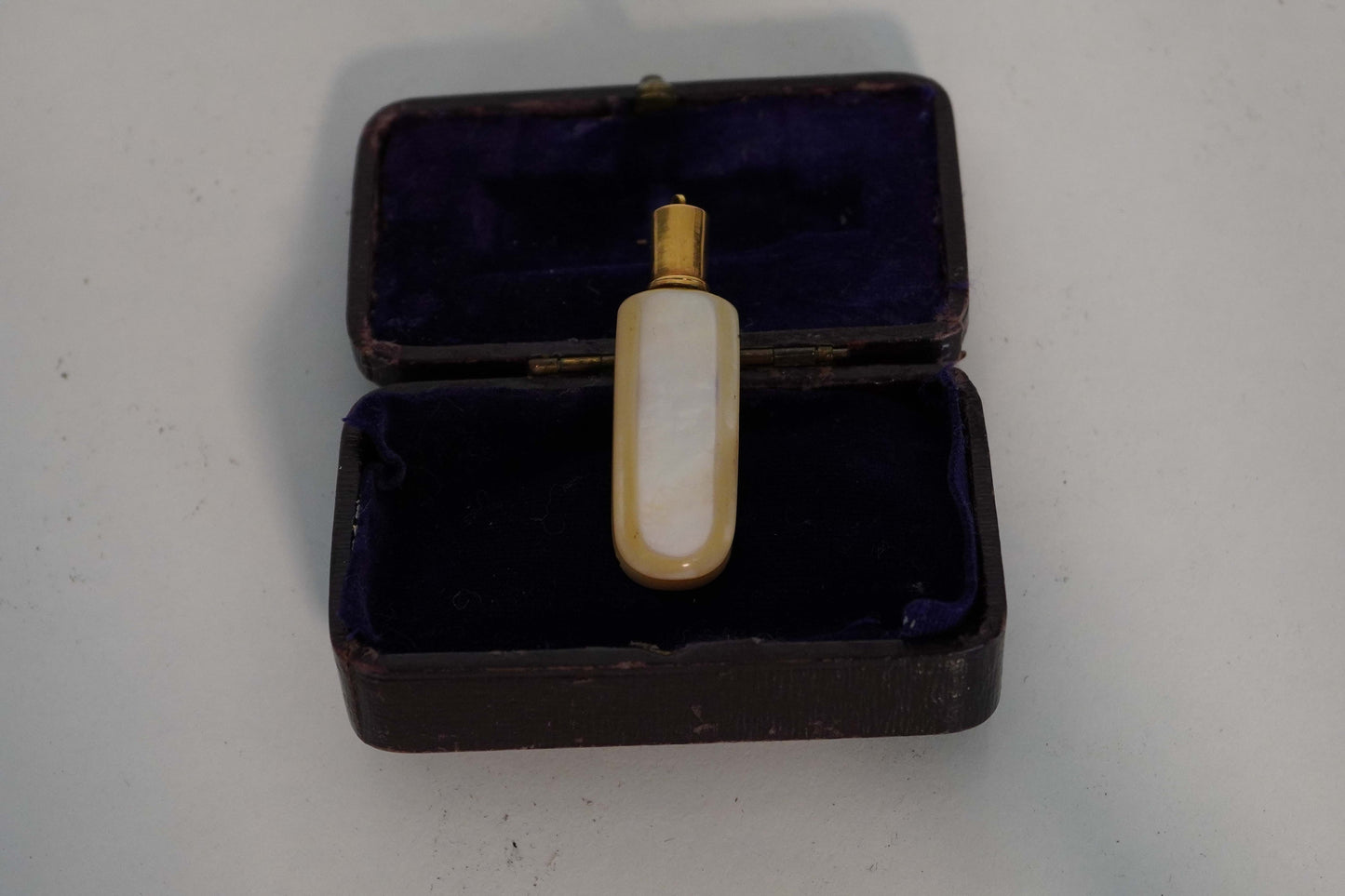 Victorian Mother of Pearl and Gold-Tone Perfume Vial with Monogrammed Shield in Original Velvet-Lined Case