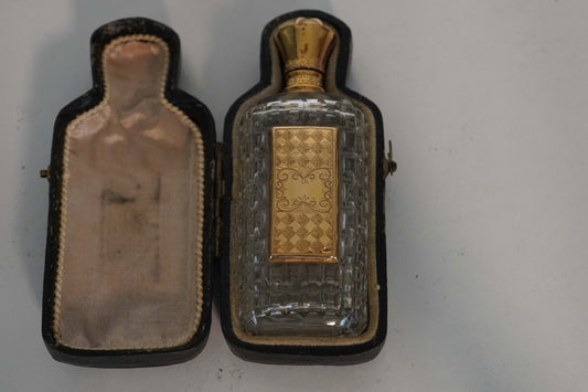 Victorian Cut Glass Perfume Bottle with Gold-Tone Engraved Panel and Original Case