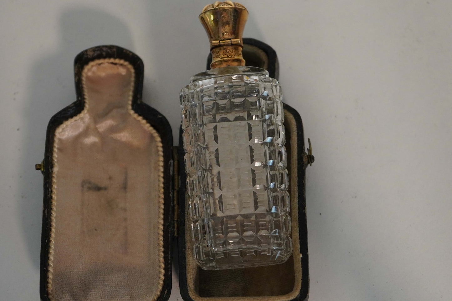 Victorian Cut Glass Perfume Bottle with Gold-Tone Engraved Panel and Original Case