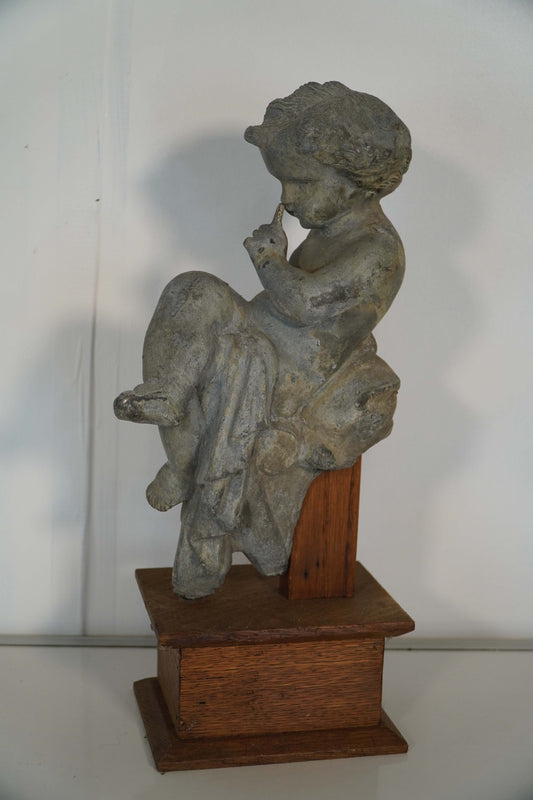 Cherub Statue on Wooden Base – Early 18th Century Garden Sculpture