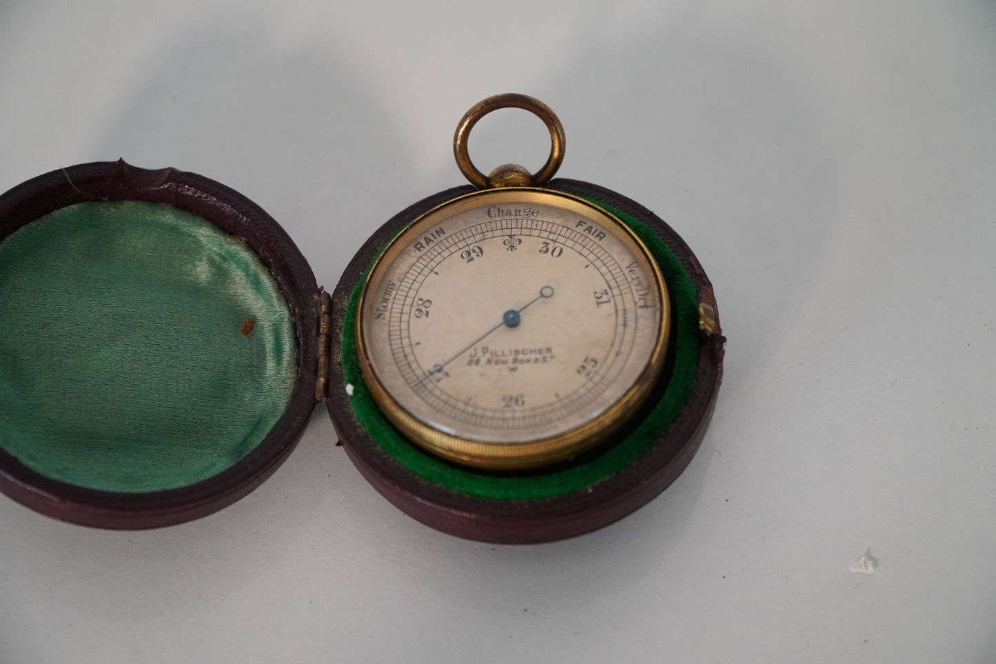 Antique J. Pillischer Pocket Barometer in Leather Case – London, Early 20th Century