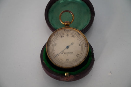 Antique J. Pillischer Pocket Barometer in Leather Case – London, Early 20th Century