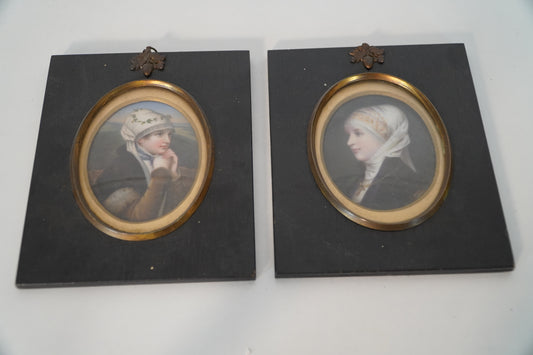 Pair of 19th Century Hand-Painted Portrait Miniatures in Ebony Frames