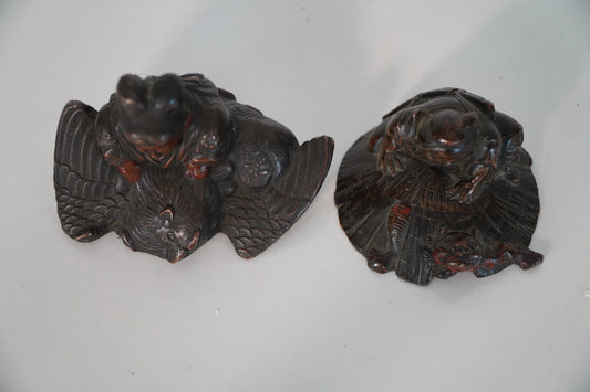 Pair of Vintage Japanese Bronze Figurines with Mythical Themes