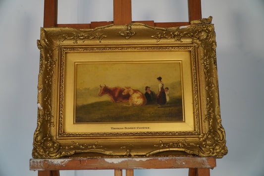 Thomas Sidney Cooper Original Oil Painting - "Pastoral Scene with Cows and Figures" (Circa 19th Century)