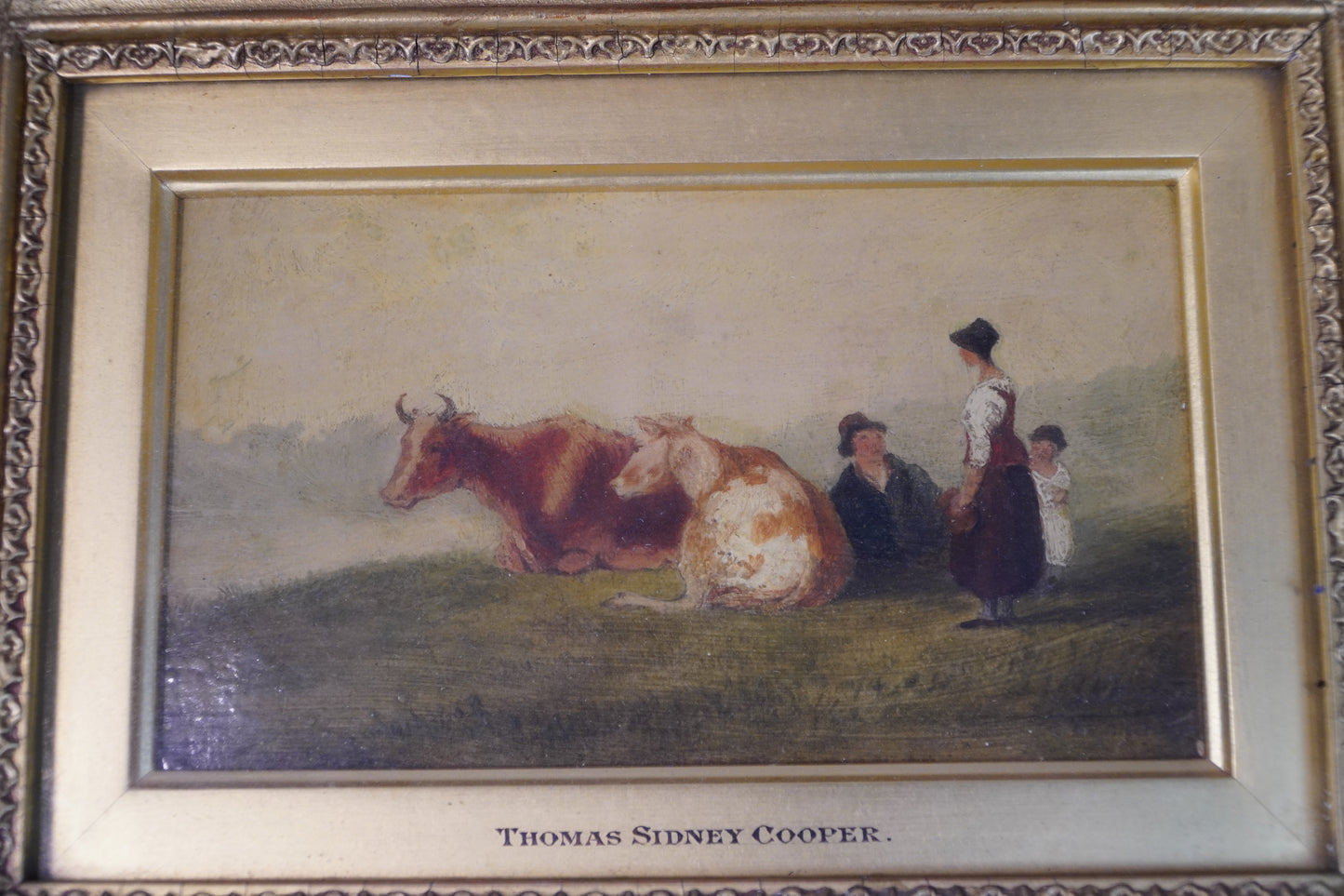 Thomas Sidney Cooper Original Oil Painting - "Pastoral Scene with Cows and Figures" (Circa 19th Century)