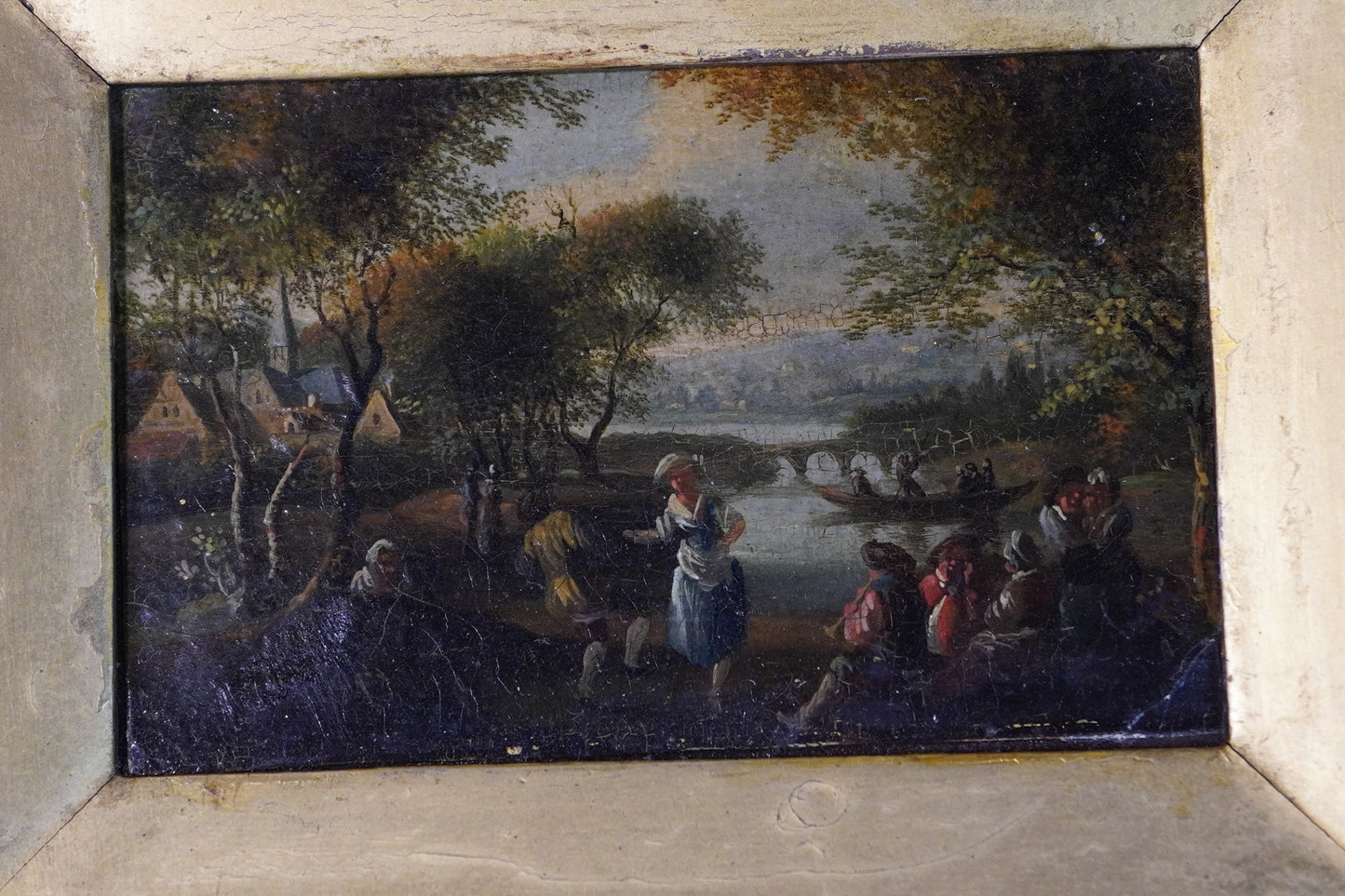 Antique Framed Oil Painting of "Peasants Dancing" in Ornate Gilt Frame by David teniers