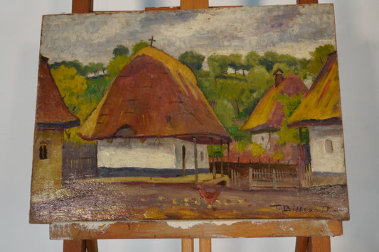 Vintage Oil Painting of Rural Village Scene by Trian biltiu dancus