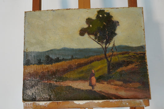 Original Landscape Oil Painting by Trian biltiu dancus - Woman Walking in the Countryside