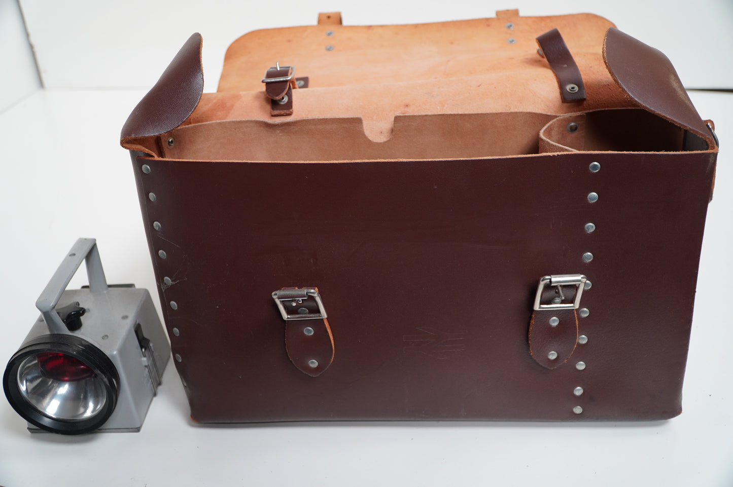 Vintage British Rail Leather Case with Attached Signal Lamp - Mid-Century Railway Equipment