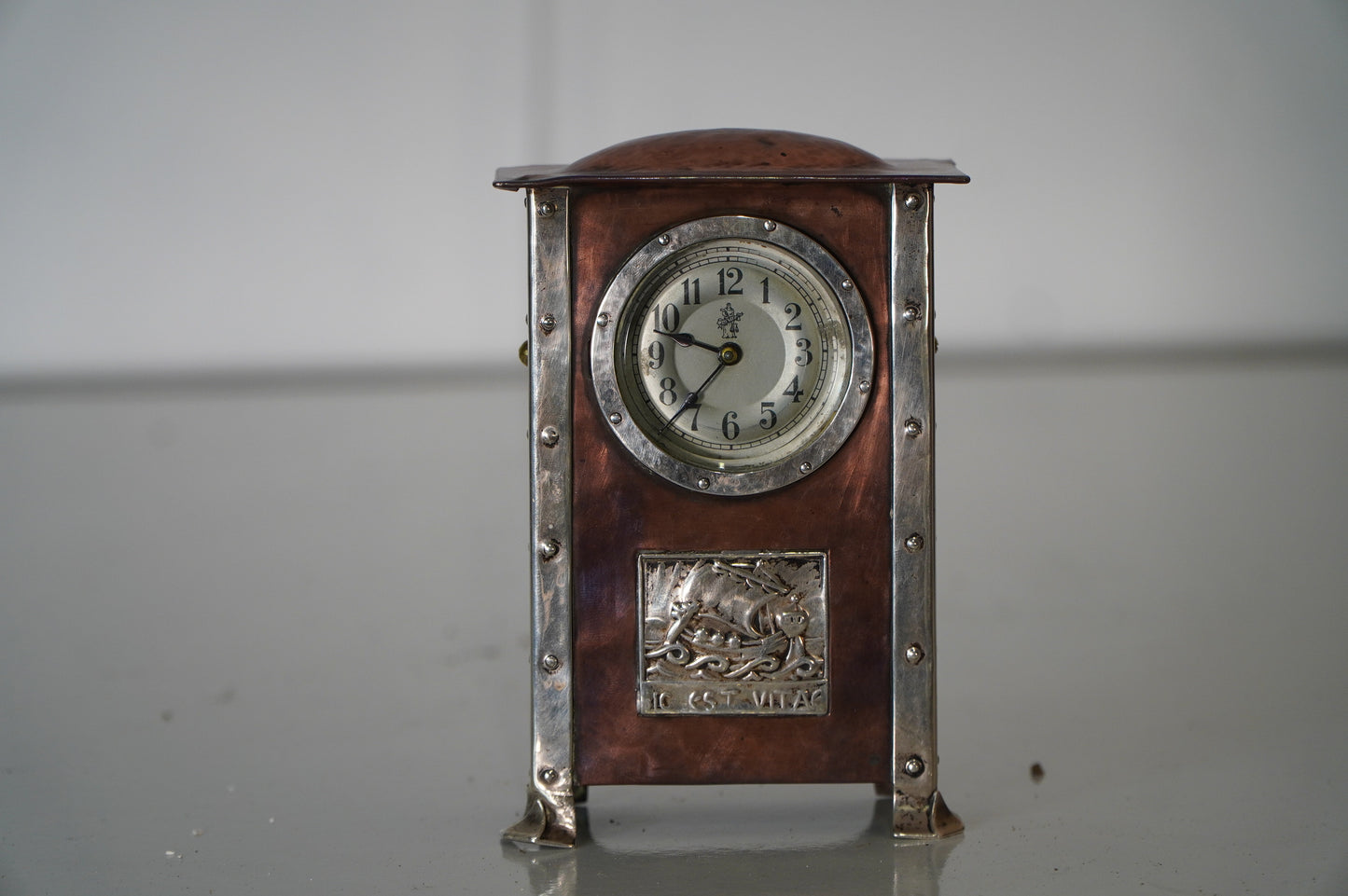 Copper and Silver Mantel Clock with Decorative Relief Panel - 1900's