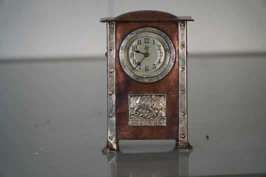 Copper and Silver Mantel Clock with Decorative Relief Panel - 1900's