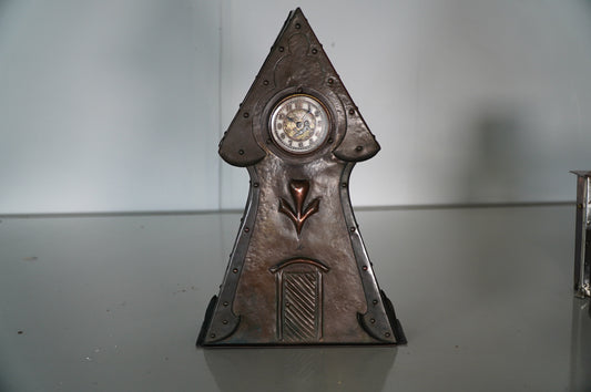 Antique Copper Triangular Mantel Clock with Engraved Decorative Face