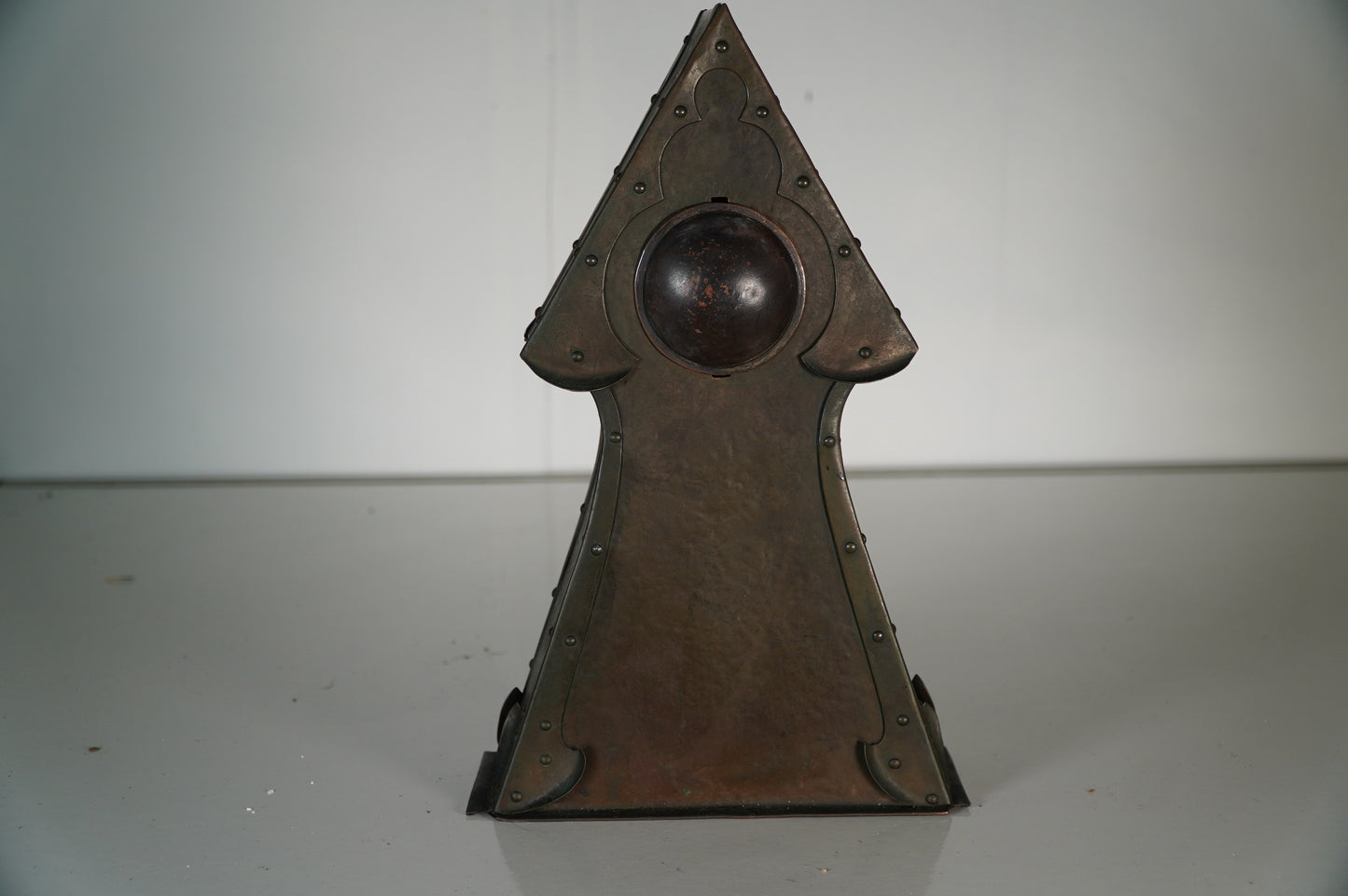 Antique Copper Triangular Mantel Clock with Engraved Decorative Face