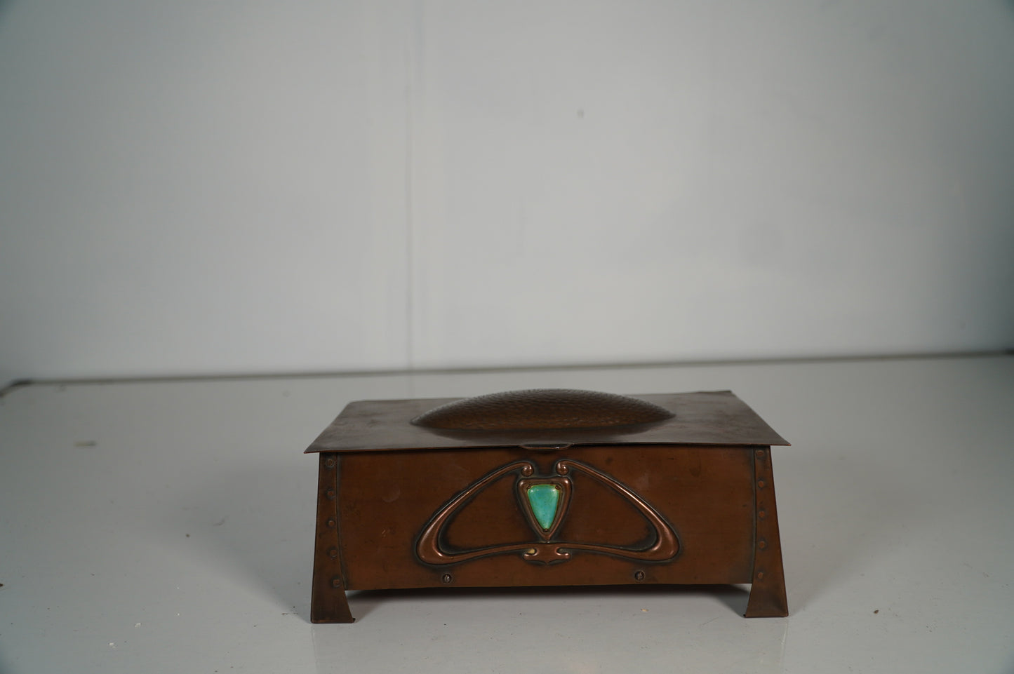 Arts and Crafts Era Copper Trinket Box with Turquoise Inlay