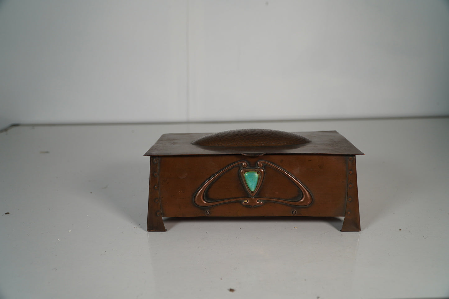 Arts and Crafts Era Copper Trinket Box with Turquoise Inlay