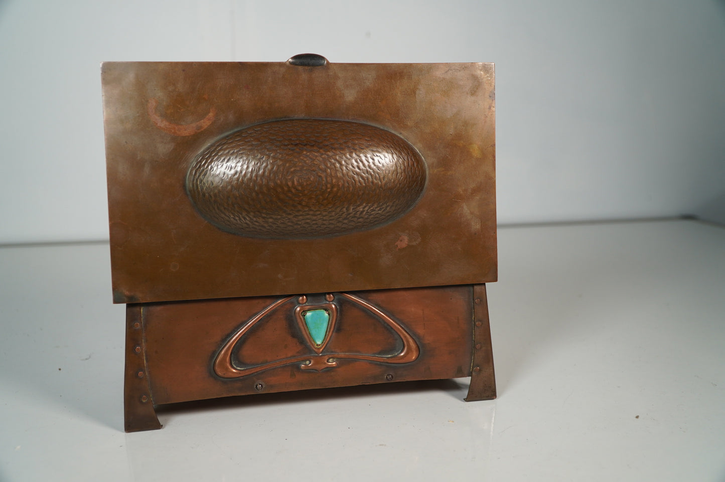 Arts and Crafts Era Copper Trinket Box with Turquoise Inlay