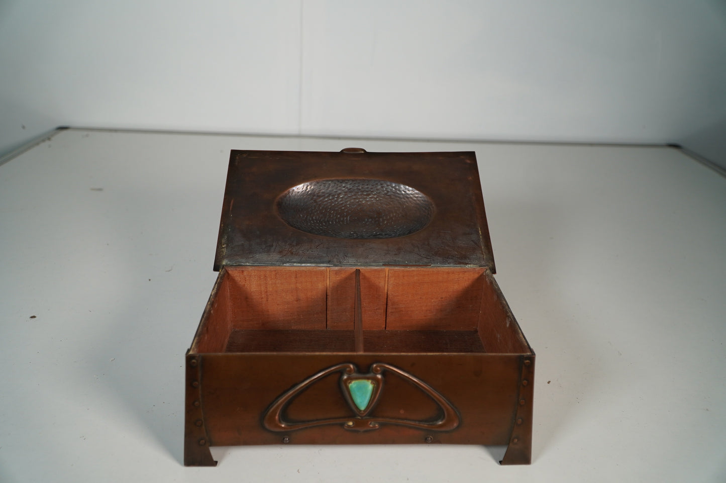 Arts and Crafts Era Copper Trinket Box with Turquoise Inlay