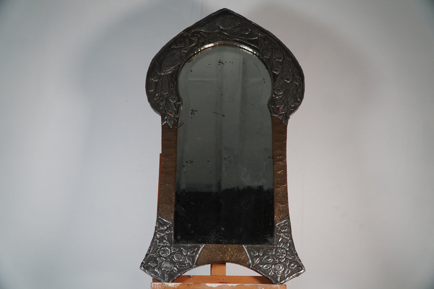 glasgow school Nouveau Mirror with Embossed Metal Frame and Peacock Feather Design