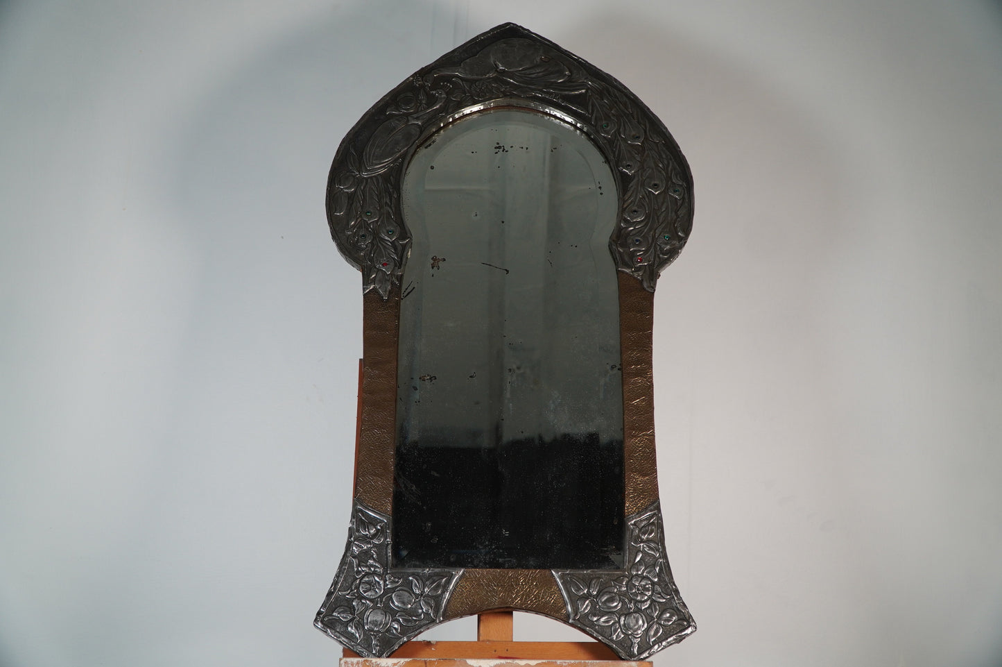 glasgow school Nouveau Mirror with Embossed Metal Frame and Peacock Feather Design