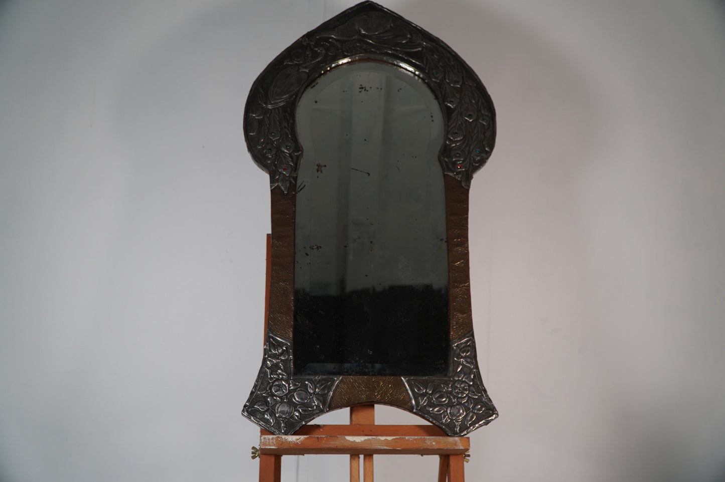 glasgow school Nouveau Mirror with Embossed Metal Frame and Peacock Feather Design