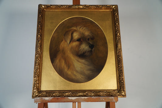 Antique Oil Painting of a Terrier Dog in Ornate Gold Frame