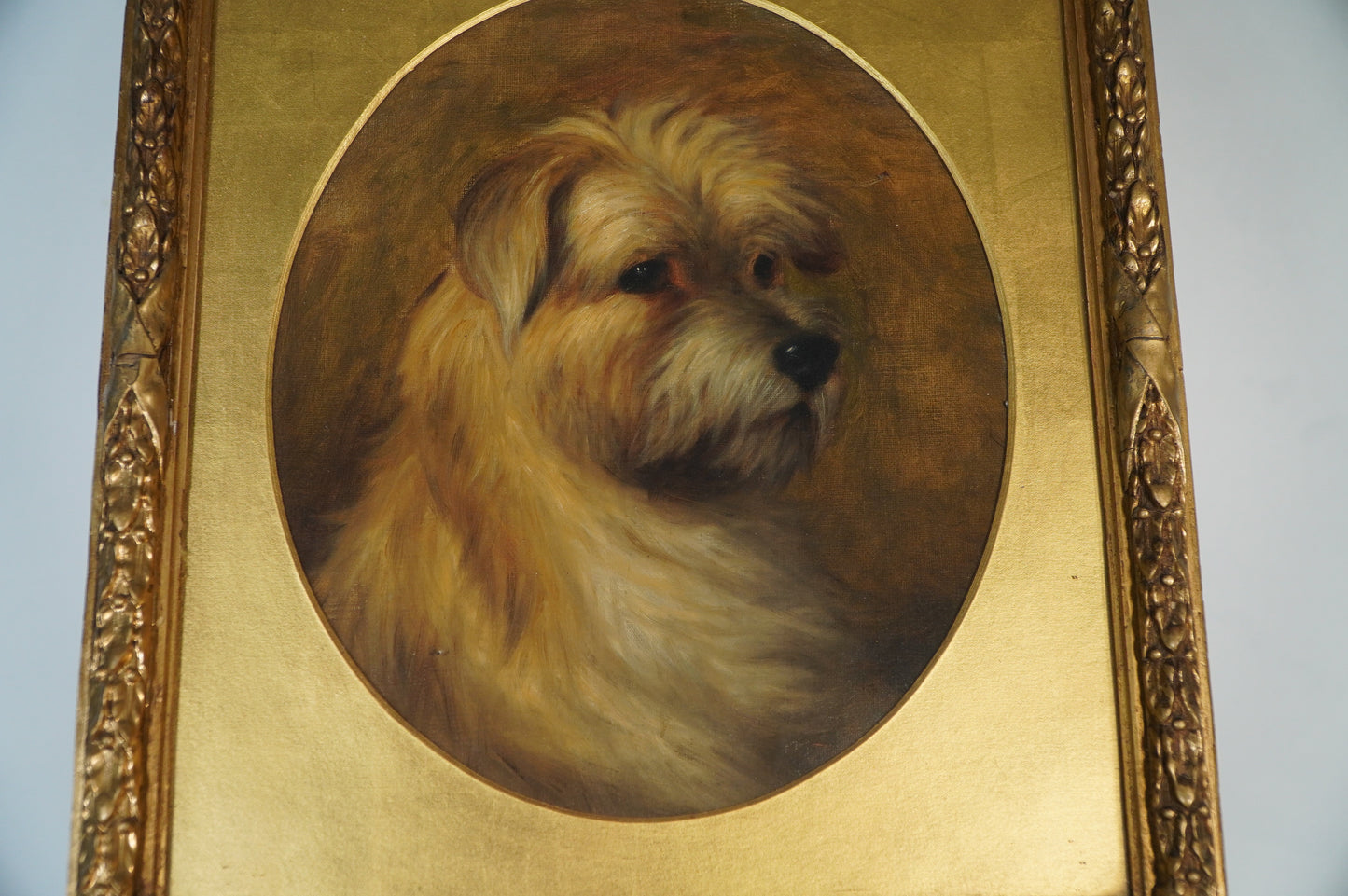 Antique Oil Painting of a Terrier Dog in Ornate Gold Frame