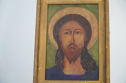 Antique Christian Icon of Christ – Hand-Painted in Gilded Frame