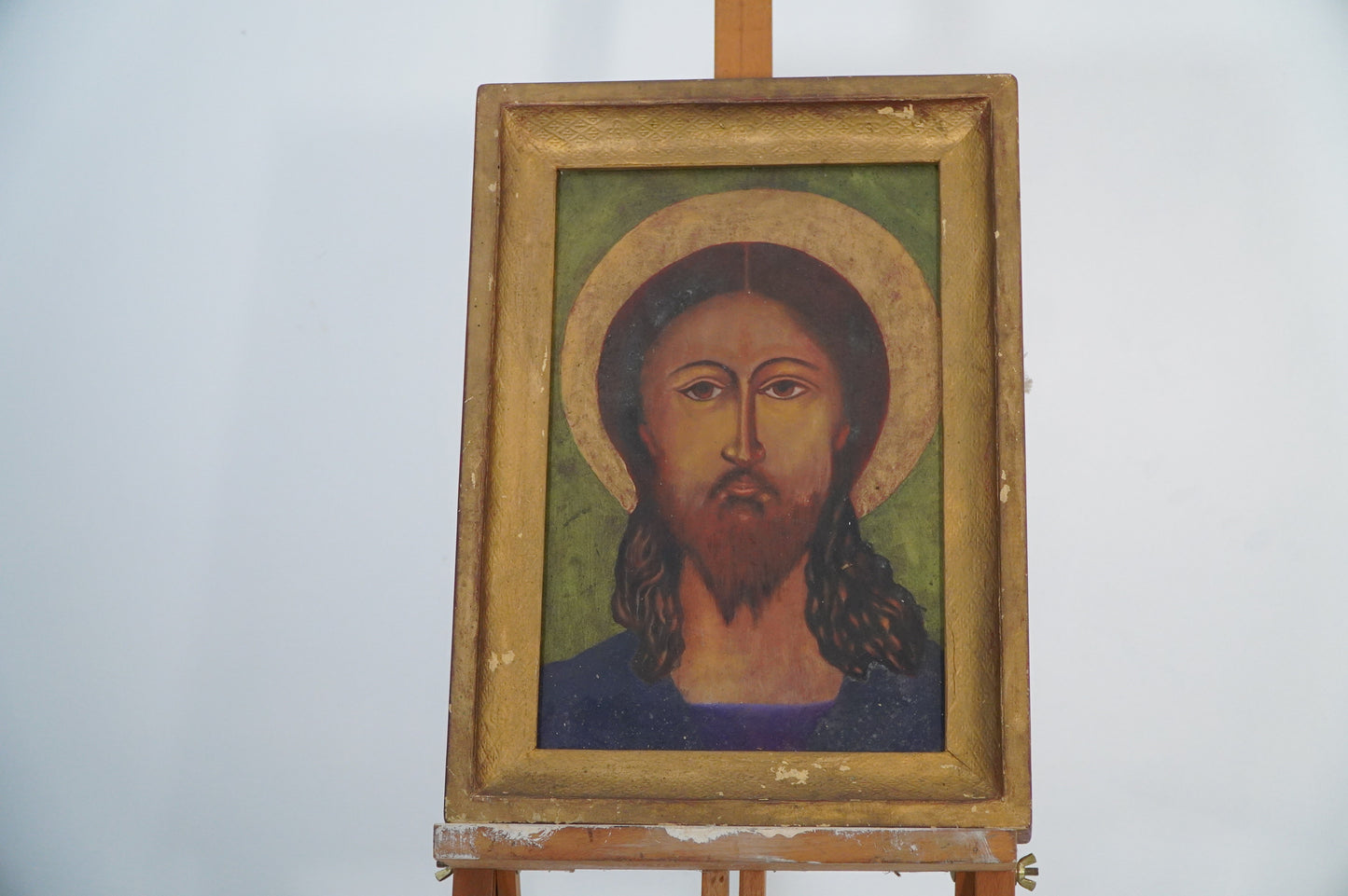 Antique Christian Icon of Christ – Hand-Painted in Gilded Frame