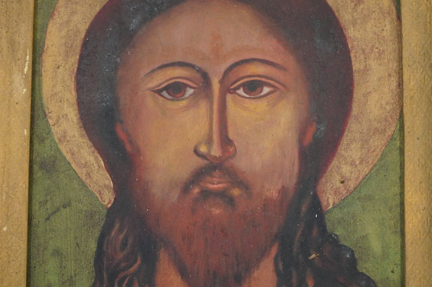 Antique Christian Icon of Christ – Hand-Painted in Gilded Frame