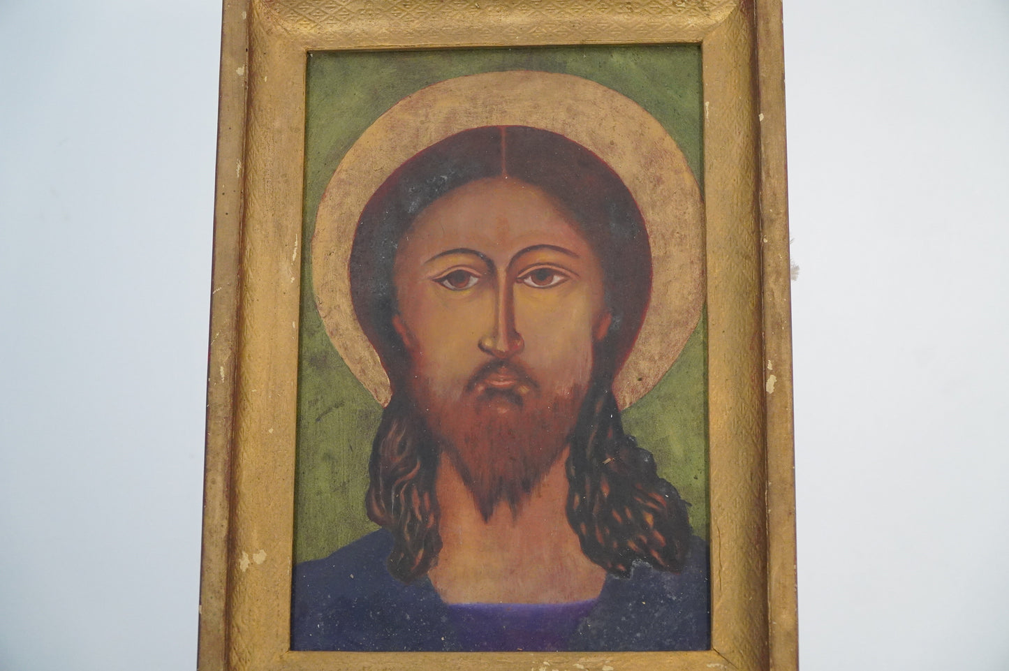 Antique Christian Icon of Christ – Hand-Painted in Gilded Frame