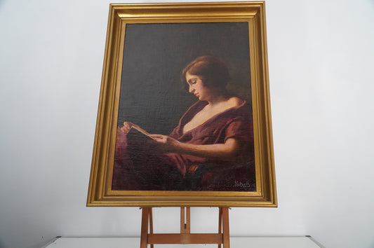 Antique Oil Painting of a Woman Reading by Y. Gautier - Circa Early 20th Century