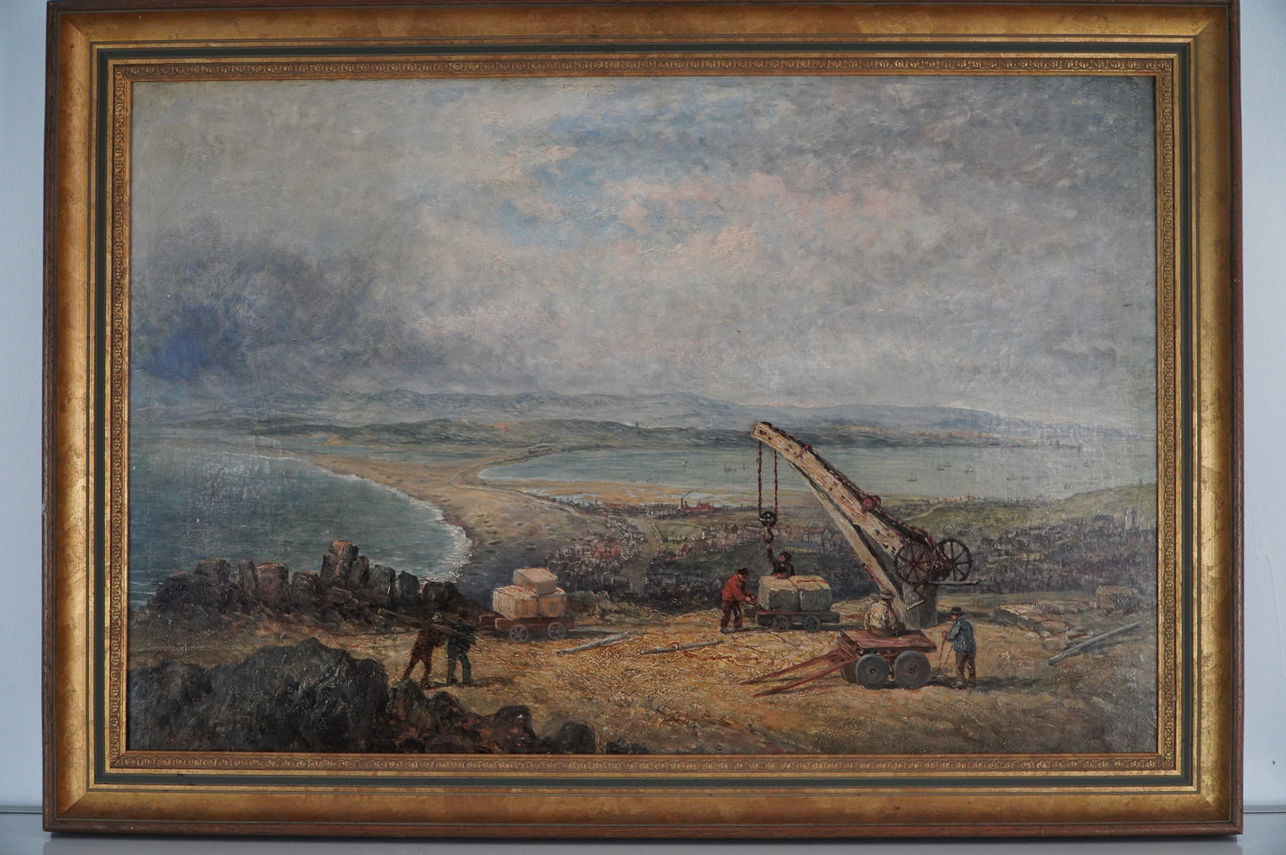 Industrial Coastal Landscape with Workers - Signed Oil on Canvas