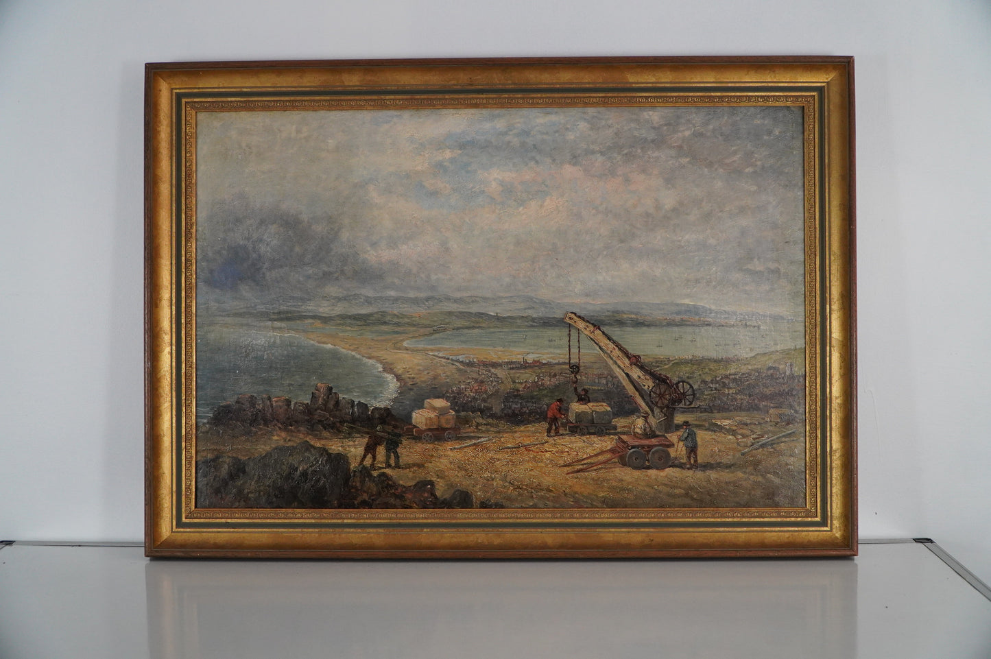 Industrial Coastal Landscape with Workers - Signed Oil on Canvas