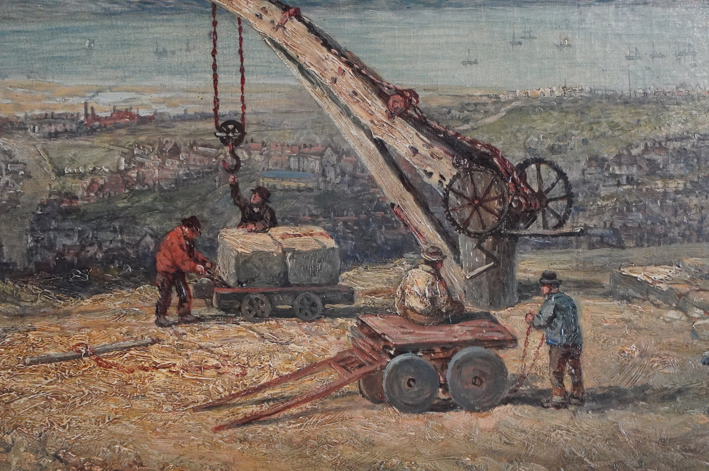 Industrial Coastal Landscape with Workers - Signed Oil on Canvas