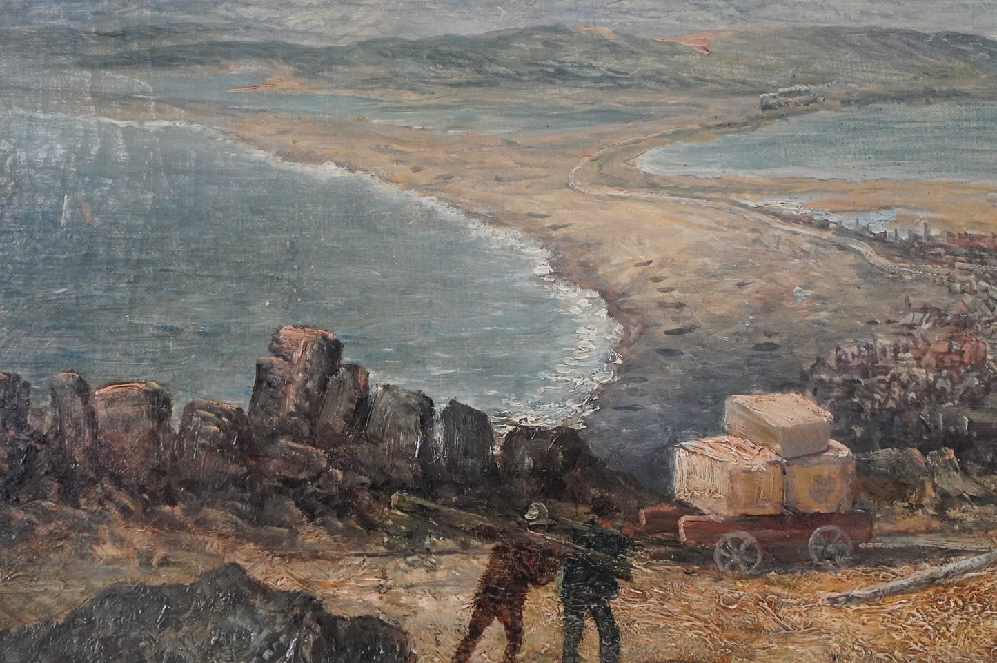 Industrial Coastal Landscape with Workers - Signed Oil on Canvas