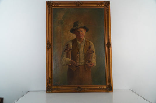 Antique F.E. Cox 1899 Oil Painting: Young Boy with Artisan Figures