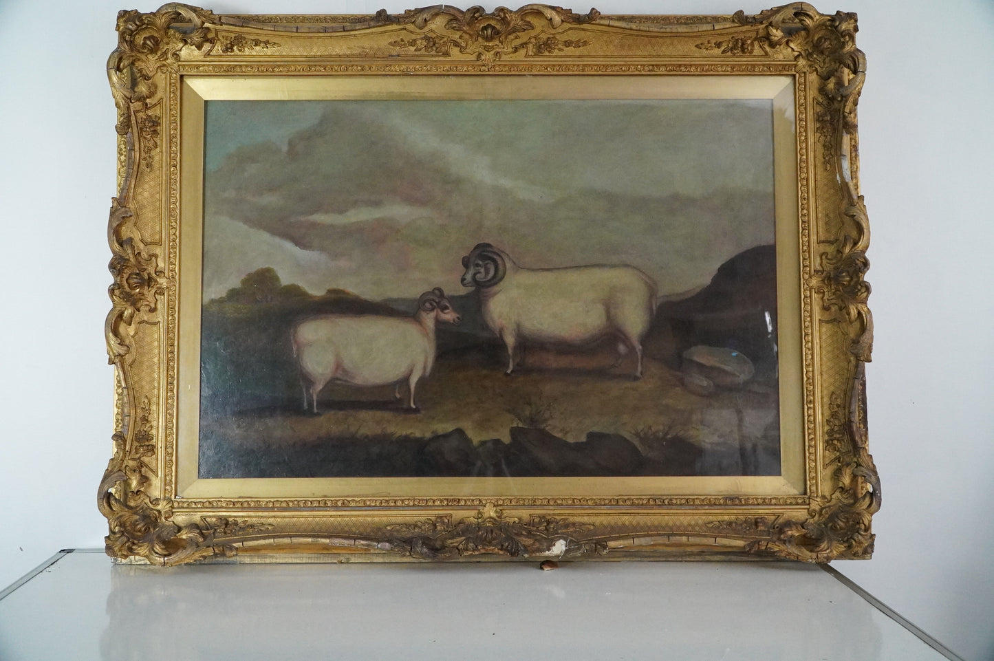 Antique Oil Painting of Two Rams in Ornate Gilt Frame