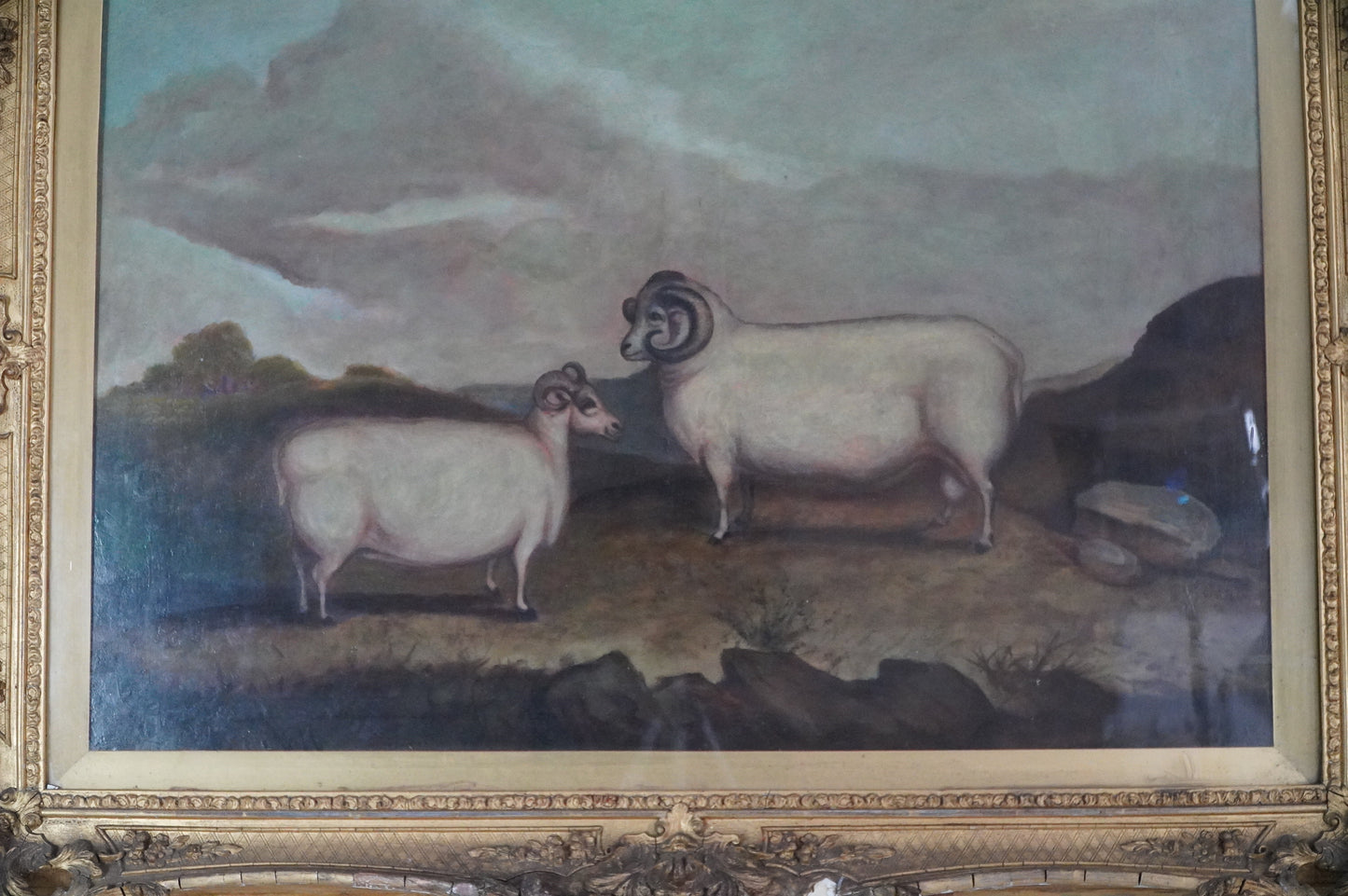 Antique Oil Painting of Two Rams in Ornate Gilt Frame