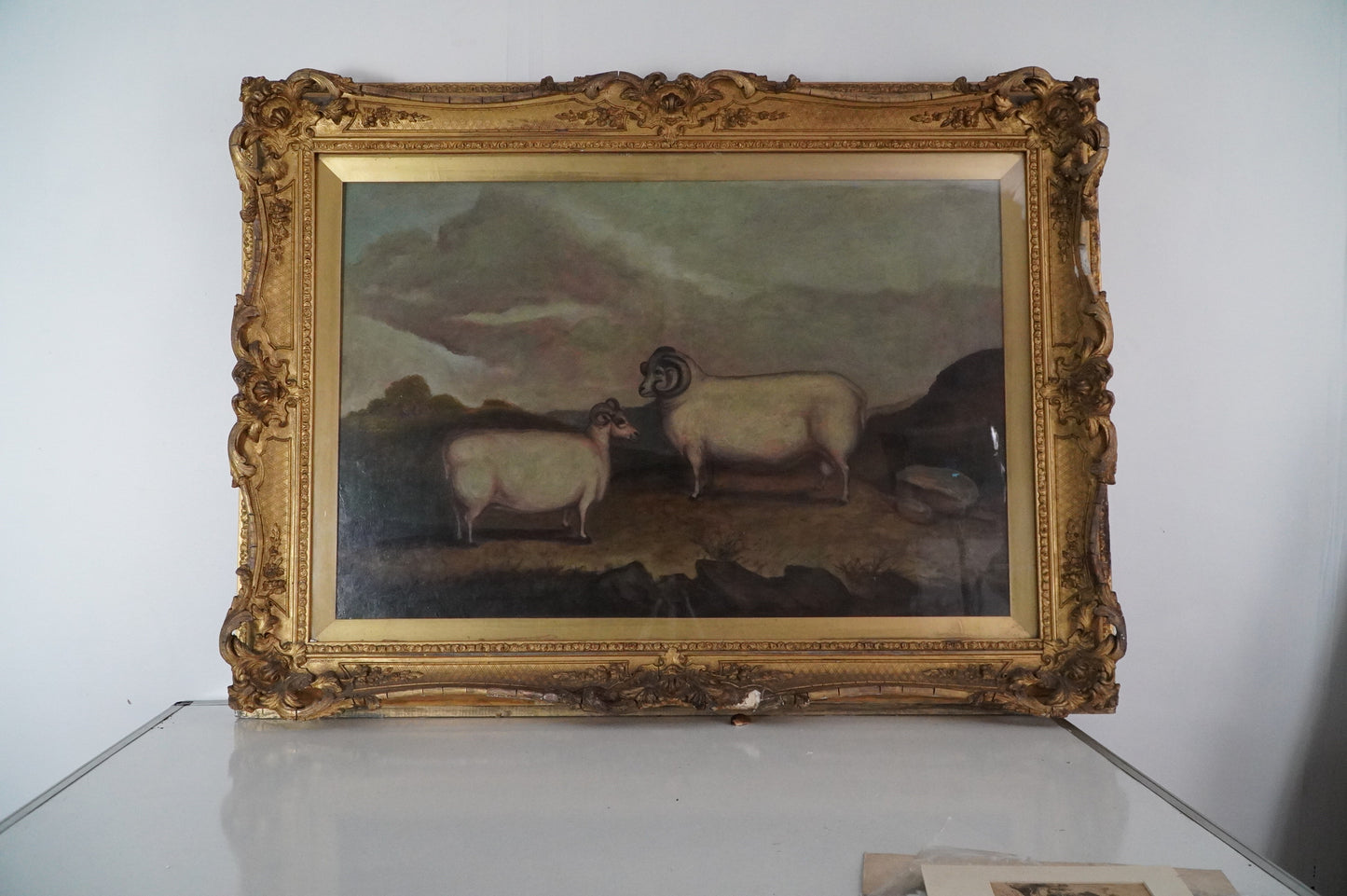 Antique Oil Painting of Two Rams in Ornate Gilt Frame