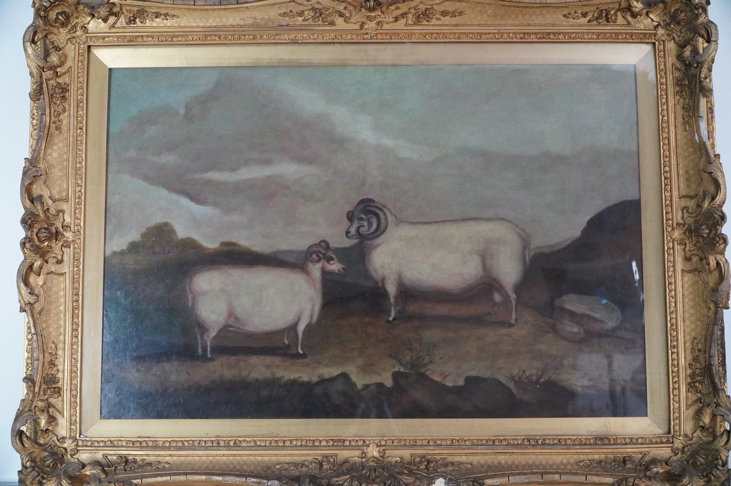 Antique Oil Painting of Two Rams in Ornate Gilt Frame