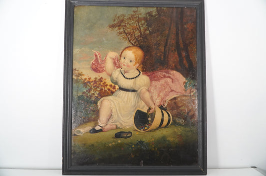 19th Century Oil Painting of a Young Girl with Basket – Charming Victorian Era Artwork