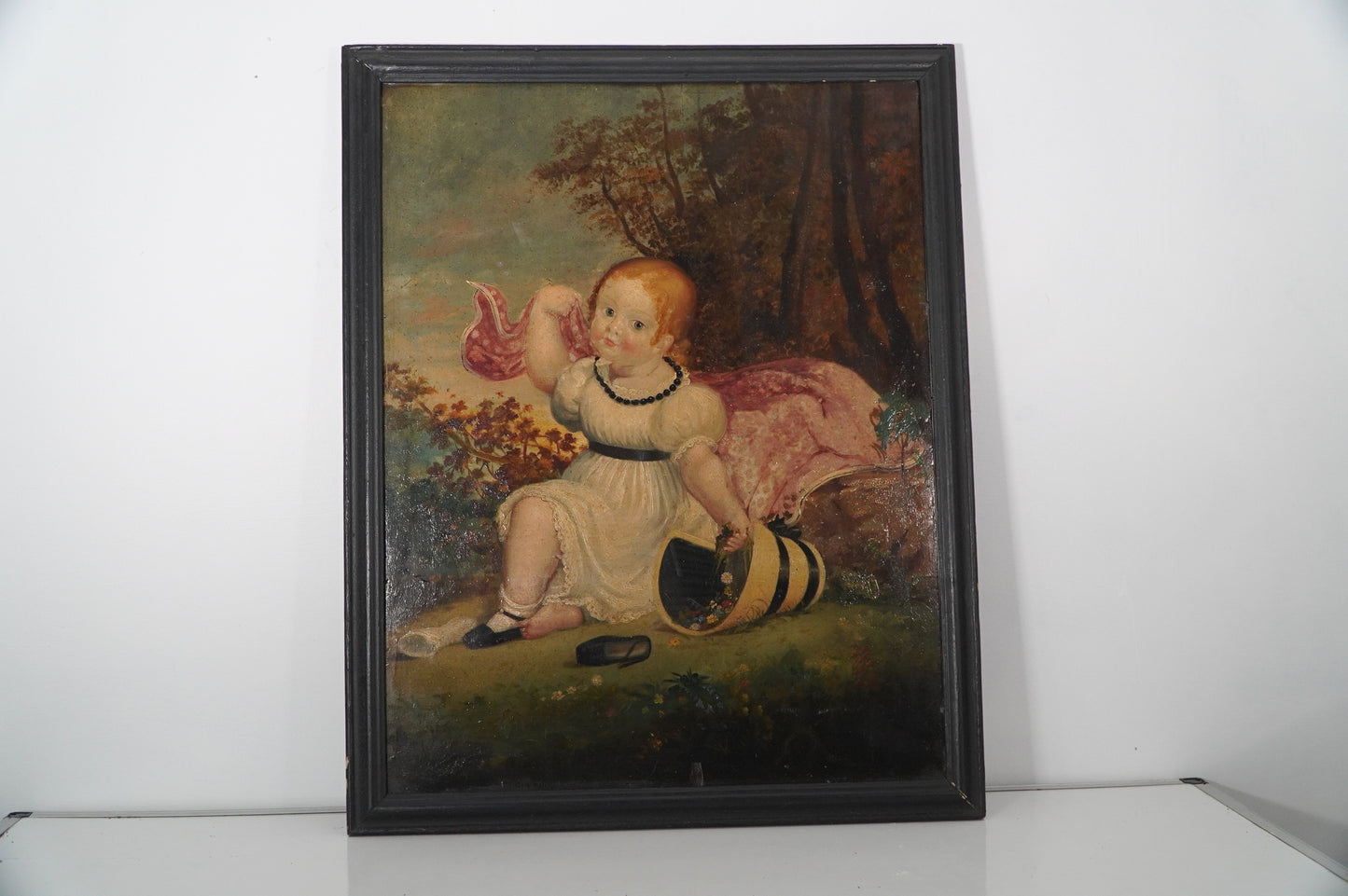 19th Century Oil Painting of a Young Girl with Basket – Charming Victorian Era Artwork