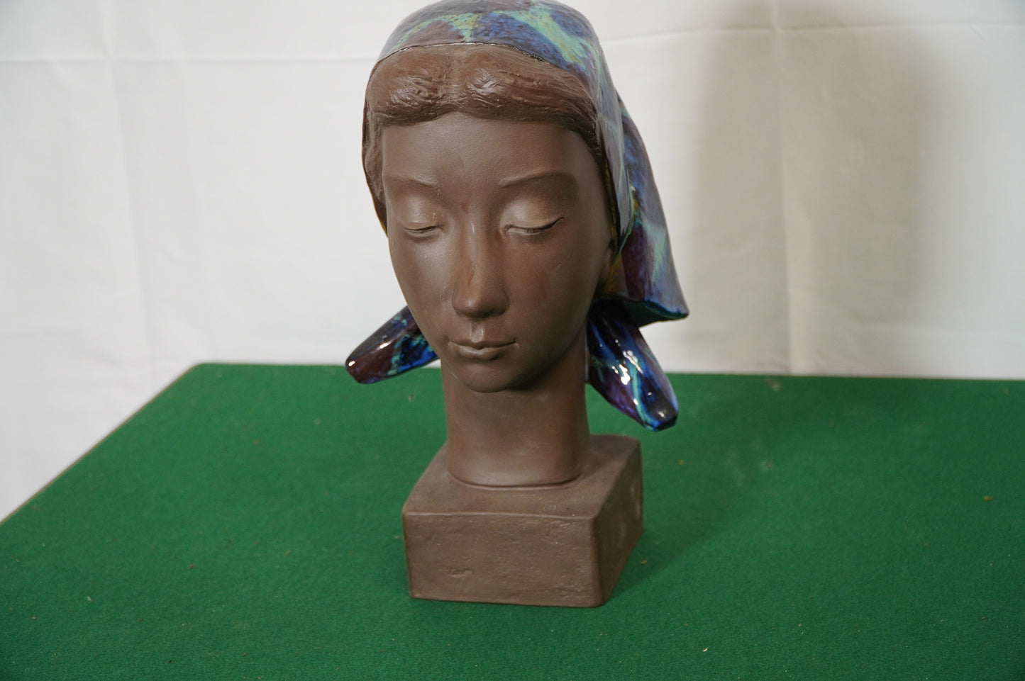 Mid-Century Glazed Ceramic Bust of a Woman in Scarf