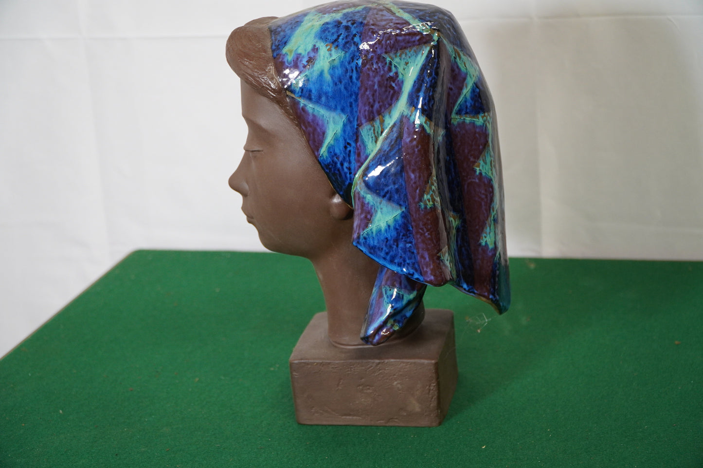 Mid-Century Glazed Ceramic Bust of a Woman in Scarf