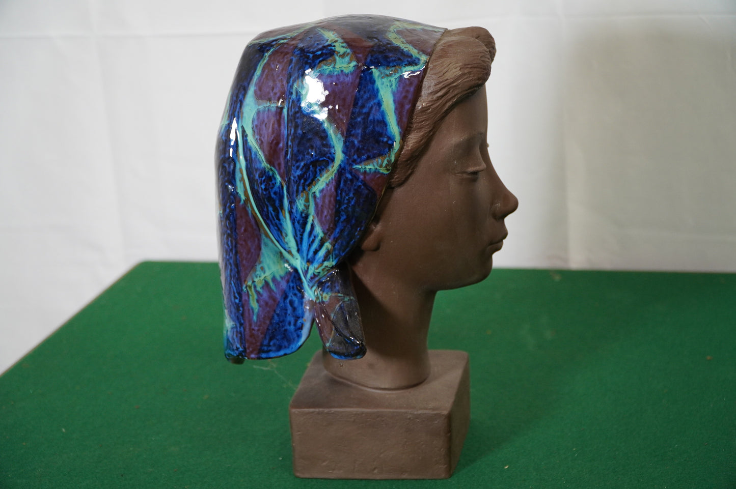 Mid-Century Glazed Ceramic Bust of a Woman in Scarf